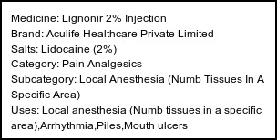 Information about Lignonir 2% Injection (Brand: Aculife Healthcare Private Limited) - Uses: Local anesthesia (Numb tissues in a specific area),Arrhythmia,Piles,Mouth ulcers