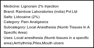 Information about Lignorain 2% Injection (Brand: Rainbow Laboratories (india) Pvt Ltd) - Uses: Local anesthesia (Numb tissues in a specific area),Arrhythmia,Piles,Mouth ulcers