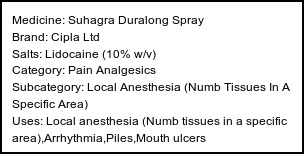 Information about Suhagra Duralong Spray (Brand: Cipla Ltd) - Uses: Local anesthesia (Numb tissues in a specific area),Arrhythmia,Piles,Mouth ulcers