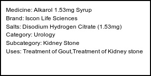 Information about Alkarol 1.53mg Syrup (Brand: Iscon Life Sciences) - Uses: Treatment of Gout,Treatment of Kidney stone