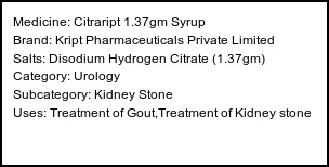 Information about Citraript 1.37gm Syrup (Brand: Kript Pharmaceuticals Private Limited) - Uses: Treatment of Gout,Treatment of Kidney stone