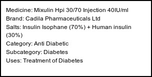 Information about Mixulin Hpi 30/70 Injection 40IU/ml (Brand: Cadila Pharmaceuticals Ltd) - Uses: Treatment of Diabetes