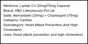 Information about Lipitab CV 20mg/75mg Capsule (Brand: HBC Lifesciences Pvt Ltd) - Uses: Heart attack prevention and high cholesterol