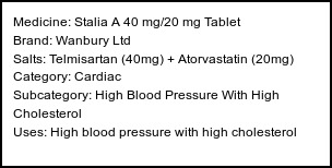 Information about Stalia A 40 mg/20 mg Tablet (Brand: Wanbury Ltd) - Uses: High blood pressure with high cholesterol