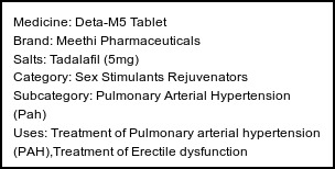 Information about Deta-M5 Tablet (Brand: Meethi Pharmaceuticals) - Uses: Treatment of Pulmonary arterial hypertension (PAH),Treatment of Erectile dysfunction