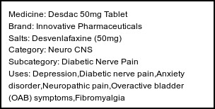 Information about Desdac 50mg Tablet (Brand: Innovative Pharmaceuticals) - Uses: Depression,Diabetic nerve pain,Anxiety disorder,Neuropathic pain,Overactive bladder (OAB) symptoms,Fibromyalgia