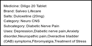 Information about Diligo 20 Tablet (Brand: Salveo Lifecare) - Uses: Depression,Diabetic nerve pain,Anxiety disorder,Neuropathic pain,Overactive bladder (OAB) symptoms,Fibromyalgia,Treatment of Stress urinary incontinence