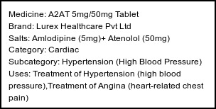 Information about A2AT 5mg/50mg Tablet (Brand: Lurex Healthcare Pvt Ltd) - Uses: Treatment of Hypertension (high blood pressure),Treatment of Angina (heart-related chest pain)