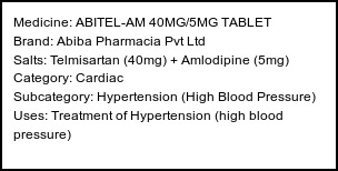 Information about ABITEL-AM 40MG/5MG TABLET (Brand: Abiba Pharmacia Pvt Ltd) - Uses: Treatment of Hypertension (high blood pressure)