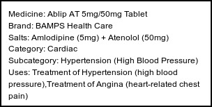 Information about Ablip AT 5mg/50mg Tablet (Brand: BAMPS Health Care) - Uses: Treatment of Hypertension (high blood pressure),Treatment of Angina (heart-related chest pain)
