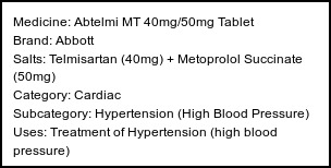 Information about Abtelmi MT 40mg/50mg Tablet (Brand: Abbott) - Uses: Treatment of Hypertension (high blood pressure)