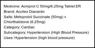 Information about Acmprol C 50mg/6.25mg Tablet ER (Brand: Accilex Diacardo) - Uses: Hypertension (high blood pressure)
