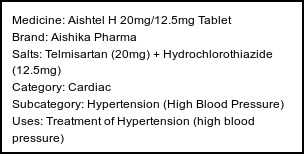 Information about Aishtel H 20mg/12.5mg Tablet (Brand: Aishika Pharma) - Uses: Treatment of Hypertension (high blood pressure)