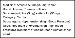 Information about Amcare AT 5mg/50mg Tablet (Brand: Amcare Pharmaceuticals) - Uses: Treatment of Hypertension (high blood pressure),Treatment of Angina (heart-related chest pain)