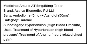 Information about Amiato AT 5mg/50mg Tablet (Brand: Astrica Biomedics Pvt Ltd) - Uses: Treatment of Hypertension (high blood pressure),Treatment of Angina (heart-related chest pain)