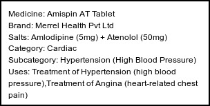 Information about Amispin AT Tablet (Brand: Merrel Health Pvt Ltd) - Uses: Treatment of Hypertension (high blood pressure),Treatment of Angina (heart-related chest pain)