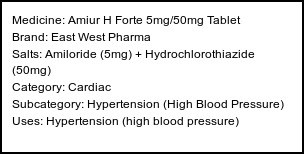 Information about Amiur H Forte 5mg/50mg Tablet (Brand: East West Pharma) - Uses: Hypertension (high blood pressure)