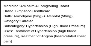 Information about Amlosim AT 5mg/50mg Tablet (Brand: Simpatico Healthcare) - Uses: Treatment of Hypertension (high blood pressure),Treatment of Angina (heart-related chest pain)