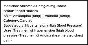 Information about Amlotes AT 5mg/50mg Tablet (Brand: Tesact Biocare) - Uses: Treatment of Hypertension (high blood pressure),Treatment of Angina (heart-related chest pain)