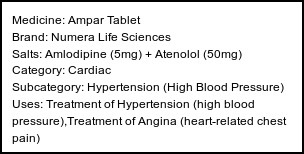 Information about Ampar Tablet (Brand: Numera Life Sciences) - Uses: Treatment of Hypertension (high blood pressure),Treatment of Angina (heart-related chest pain)