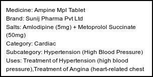 Information about Ampine Mpl Tablet (Brand: Sunij Pharma Pvt Ltd) - Uses: Treatment of Hypertension (high blood pressure),Treatment of Angina (heart-related chest pain)
