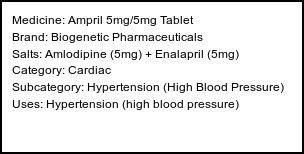 Information about Ampril 5mg/5mg Tablet (Brand: Biogenetic Pharmaceuticals) - Uses: Hypertension (high blood pressure)