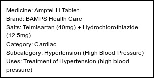 Information about Amptel-H Tablet (Brand: BAMPS Health Care) - Uses: Treatment of Hypertension (high blood pressure)