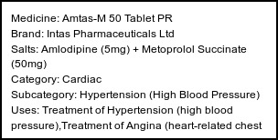 Information about Amtas-M 50 Tablet PR (Brand: Intas Pharmaceuticals Ltd) - Uses: Treatment of Hypertension (high blood pressure),Treatment of Angina (heart-related chest pain)