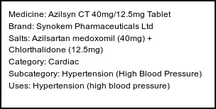 Information about Azilsyn CT 40mg/12.5mg Tablet (Brand: Synokem Pharmaceuticals Ltd) - Uses: Hypertension (high blood pressure)