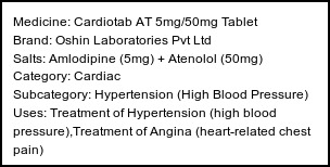 Information about Cardiotab AT 5mg/50mg Tablet (Brand: Oshin Laboratories Pvt Ltd) - Uses: Treatment of Hypertension (high blood pressure),Treatment of Angina (heart-related chest pain)