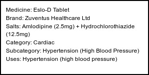 Information about Eslo-D Tablet (Brand: Zuventus Healthcare Ltd) - Uses: Hypertension (high blood pressure)