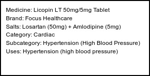Information about Licopin LT 50mg/5mg Tablet (Brand: Focus Healthcare) - Uses: Hypertension (high blood pressure)