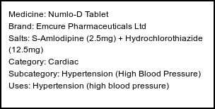 Information about Numlo-D Tablet (Brand: Emcure Pharmaceuticals Ltd) - Uses: Hypertension (high blood pressure)