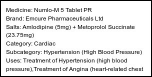 Information about Numlo-M 5 Tablet PR (Brand: Emcure Pharmaceuticals Ltd) - Uses: Treatment of Hypertension (high blood pressure),Treatment of Angina (heart-related chest pain)