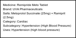 Information about Remipride Meto Tablet (Brand: UVA Pharmaceuticals) - Uses: Hypertension (high blood pressure)