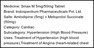Information about Smax M 5mg/50mg Tablet (Brand: Indospectrum Pharmaceuticals Pvt. Ltd.) - Uses: Treatment of Hypertension (high blood pressure),Treatment of Angina (heart-related chest pain)