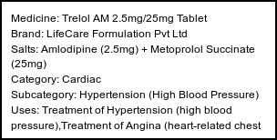Information about Trelol AM 2.5mg/25mg Tablet (Brand: LifeCare Formulation Pvt Ltd) - Uses: Treatment of Hypertension (high blood pressure),Treatment of Angina (heart-related chest pain)