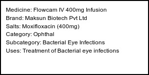 Information about Flowcam IV 400mg Infusion (Brand: Maksun Biotech Pvt Ltd) - Uses: Treatment of Bacterial eye infections