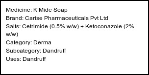 Information about K Mide Soap (Brand: Carise Pharmaceuticals Pvt Ltd) - Uses: Dandruff