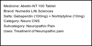 Information about Abetin-NT 100 Tablet (Brand: Numedix Life Sciences) - Uses: Treatment of Neuropathic pain