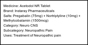 Information about Acetodol NR Tablet (Brand: Instaray Pharmaceuticals) - Uses: Treatment of Neuropathic pain