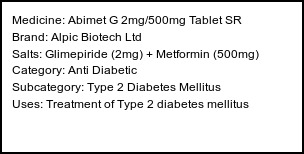 Information about Abimet G 2mg/500mg Tablet SR (Brand: Alpic Biotech Ltd) - Uses: Treatment of Type 2 diabetes mellitus