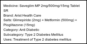 Information about Saveglim MP 2mg/500mg/15mg Tablet SR (Brand: Arist Health Care) - Uses: Treatment of Type 2 diabetes mellitus