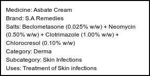 Information about Asbate Cream (Brand: S.A Remedies) - Uses: Treatment of Skin infections