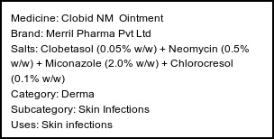 Information about Clobid NM Ointment (Brand: Merril Pharma Pvt Ltd) - Uses: Skin infections