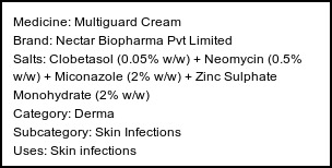 Information about Multiguard Cream (Brand: Nectar Biopharma Pvt Limited) - Uses: Skin infections