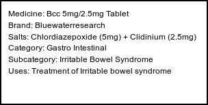 Information about Bcc 5mg/2.5mg Tablet (Brand: Bluewaterresearch) - Uses: Treatment of Irritable bowel syndrome