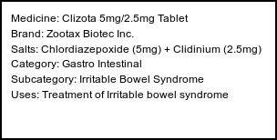 Information about Clizota 5mg/2.5mg Tablet (Brand: Zootax Biotec Inc.) - Uses: Treatment of Irritable bowel syndrome