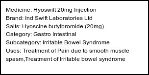 Information about Hyoswift 20mg Injection (Brand: Ind Swift Laboratories Ltd) - Uses: Treatment of Pain due to smooth muscle spasm,Treatment of Irritable bowel syndrome