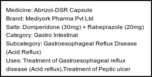 Information about Abrizol-DSR Capsule (Brand: Mediyork Pharma Pvt Ltd) - Uses: Treatment of Gastroesophageal reflux disease (Acid reflux),Treatment of Peptic ulcer disease